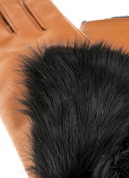 Women's Wool-Lined Leather Gloves with Fur Cuffs